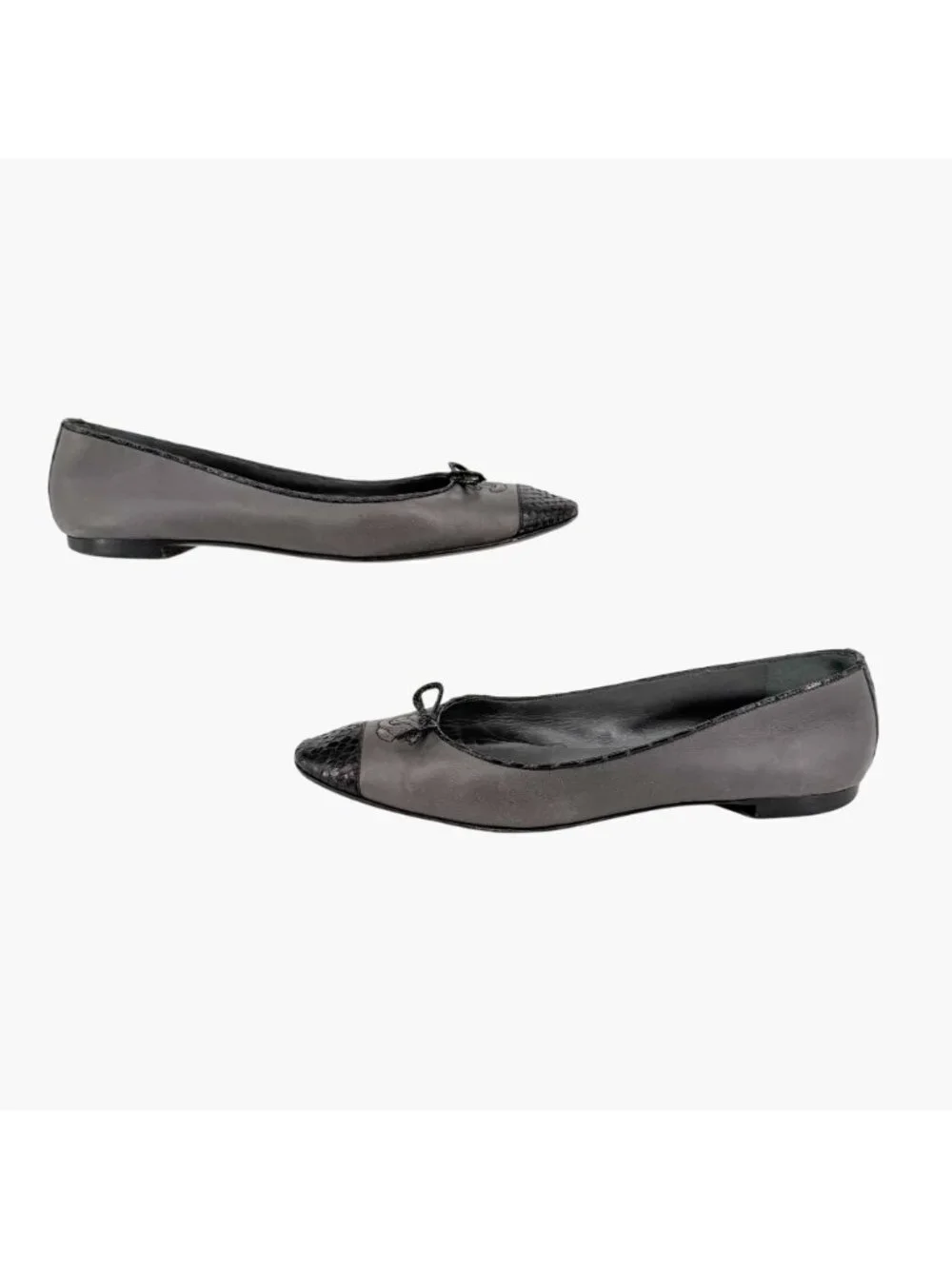 Chanel CC Cap Toe Ballet Flats Bow Gray Leather Black Snake Size 37 US 6-6.5